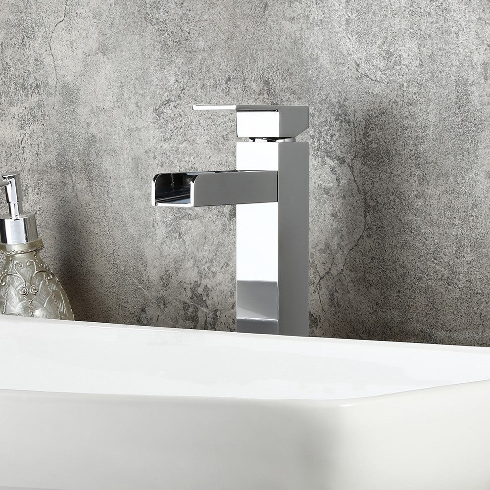 Contemporary Single Handle Waterfall Spout Bathroom Vessel Sink Faucet, Chrome