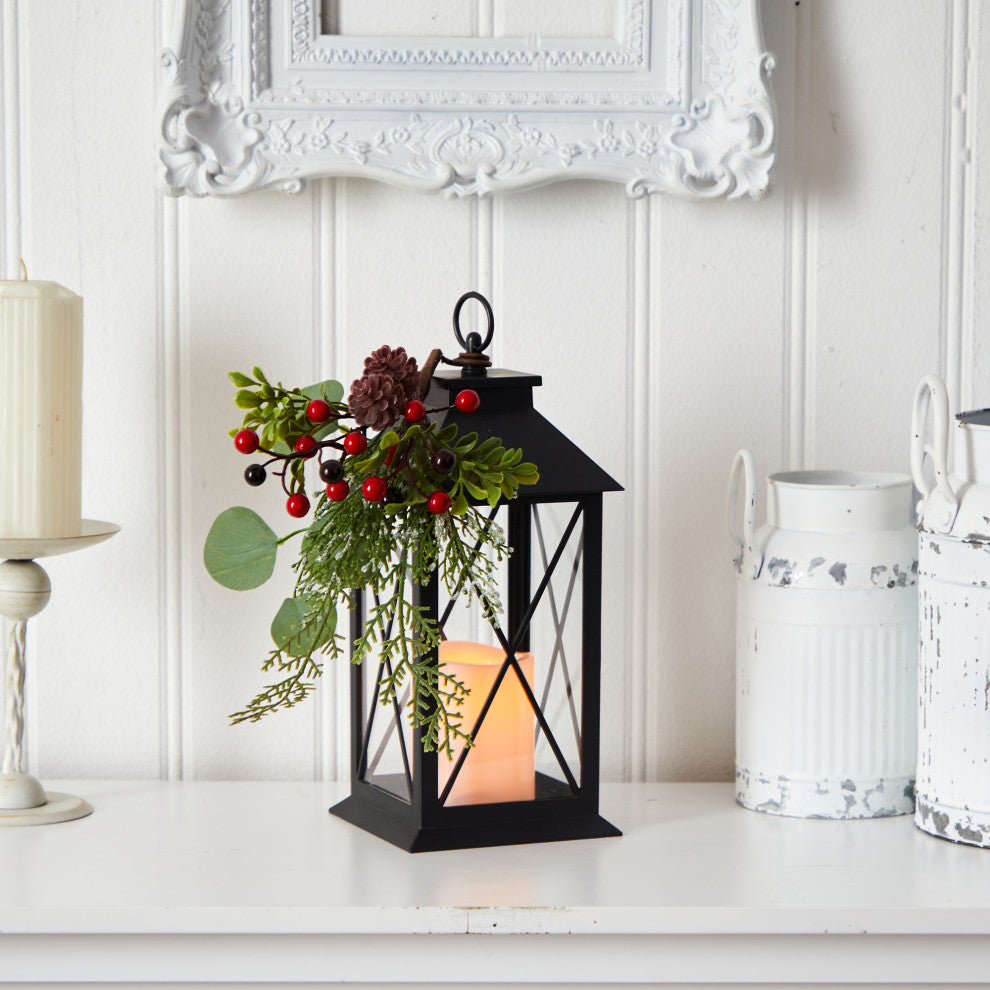 12" Holiday Metal Lantern Artificial Table Christmas Arrangement With LED Candle