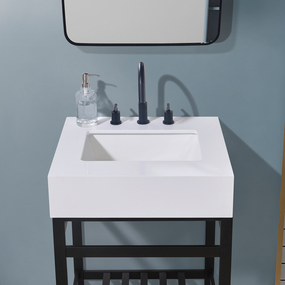 Edolo Engineered Stone Vanity Top, Snow White Apron With White Sink, 24"