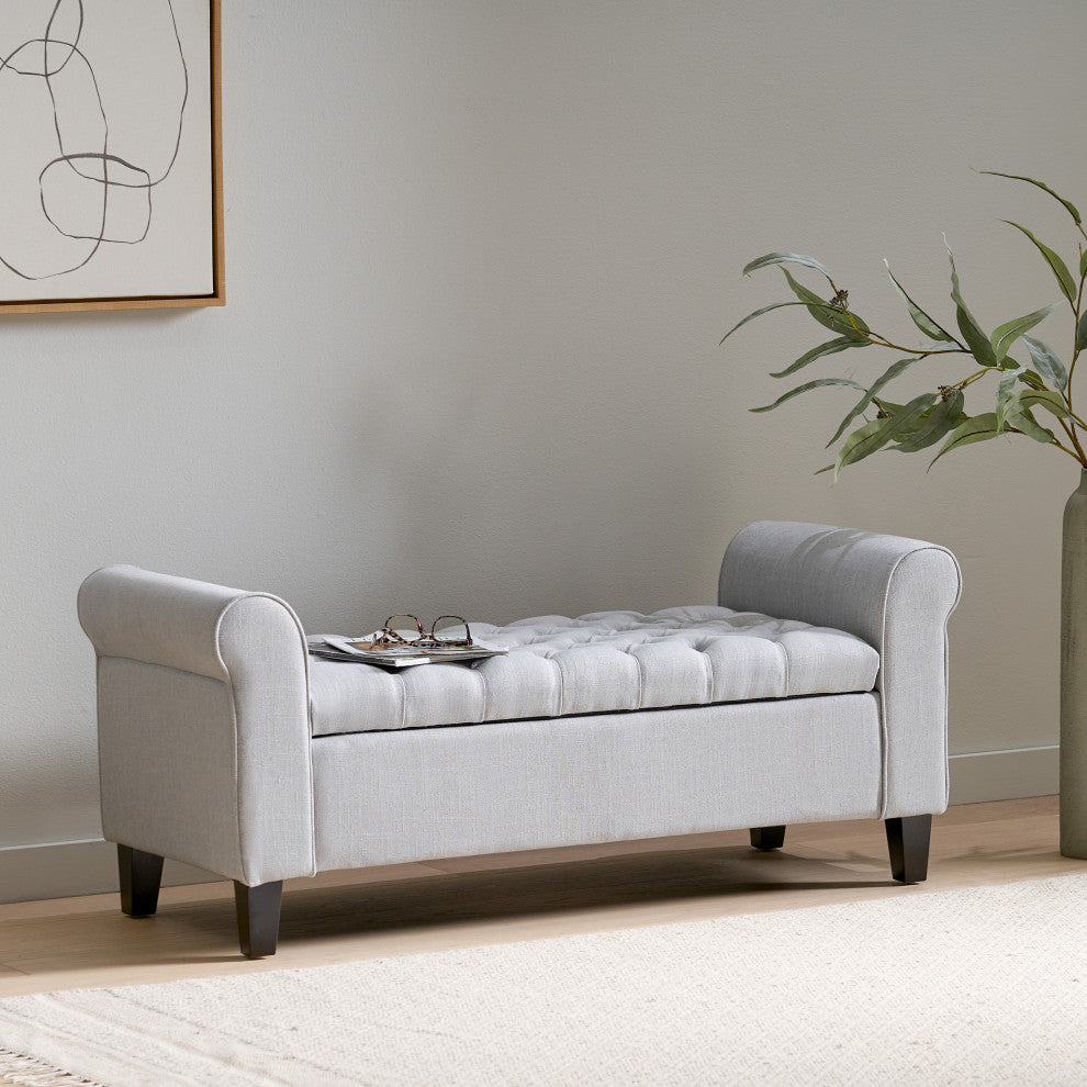 GDF Studio Keiko Contemporary Rolled Arm Storage Ottoman Bench, Light Gray/Gray