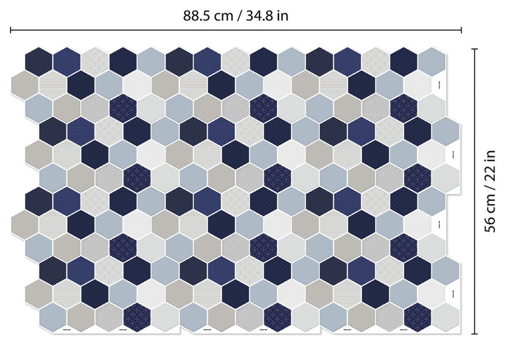 12"x6" Honey Hexa Blue and Cream Glossy 3D Tile Stickers, Set of 12