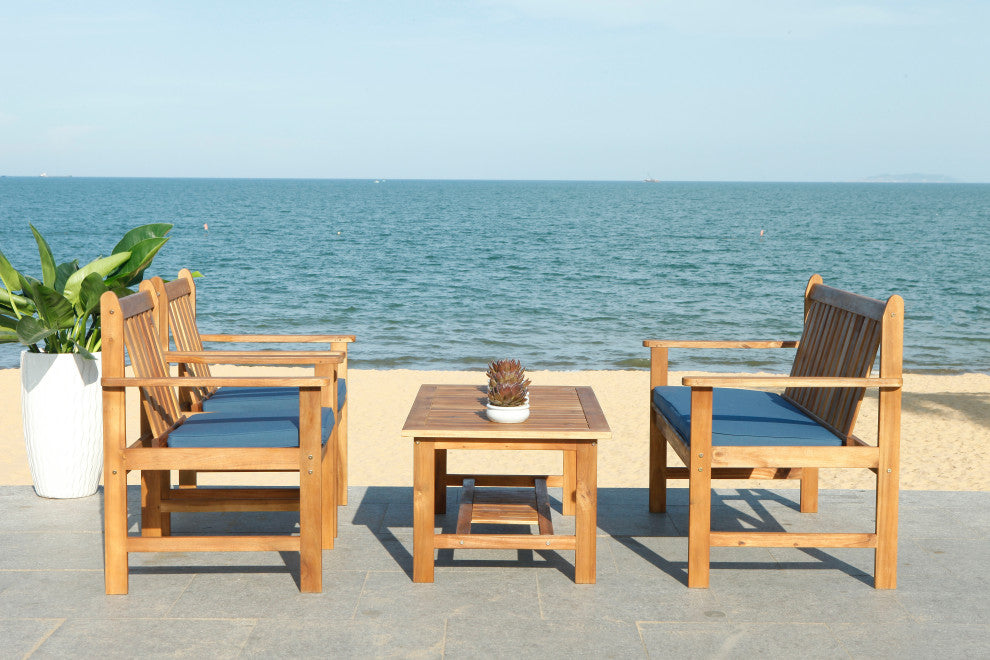 Safavieh Burbank 4-Piece Indoor-Outdoor Living Set, Natural/Navy