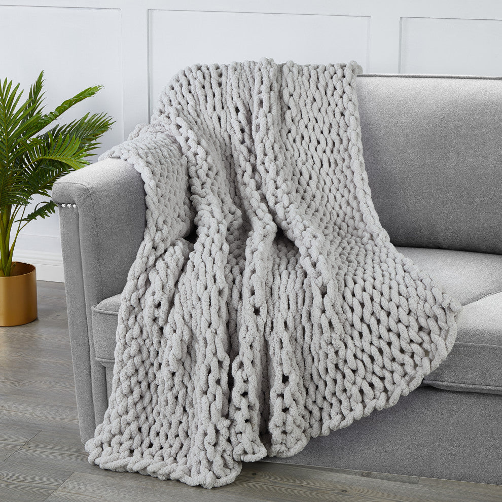 Kathy Ireland Chunky Knit Throw Blanket, Light Grey