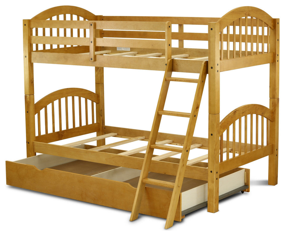 Verona Twin Bunk Bed In Natural Oak Finish With Convertible Trundle & Drawer