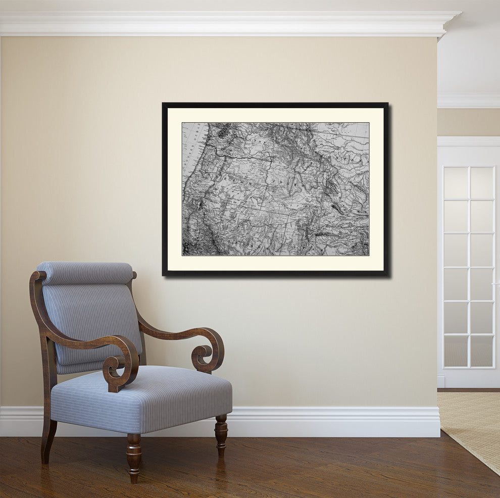 US Pacific Northwest Map Print On Canvas With Black Custom Frame, 16" X 21"