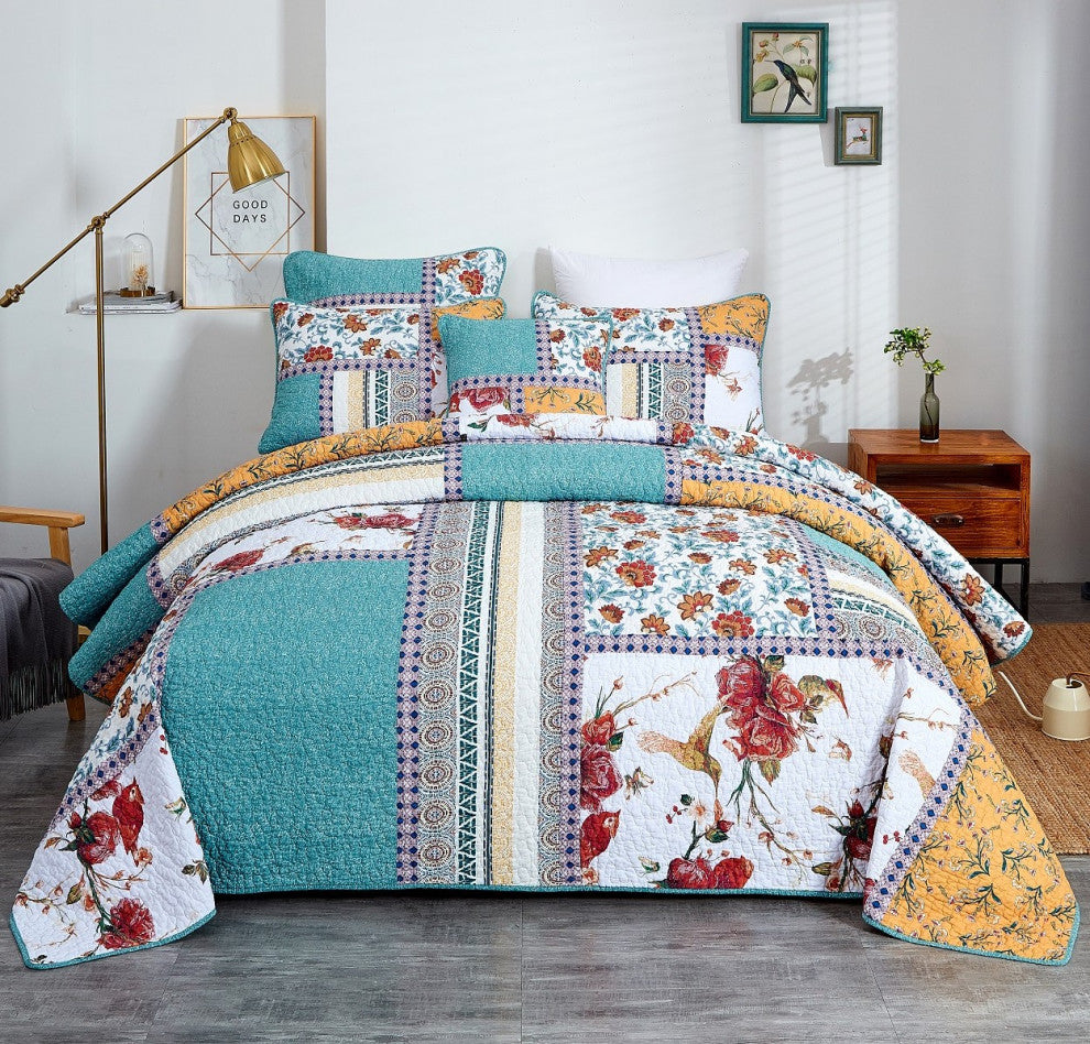 Cotton Pastel Blue Yellow Old World Hummingbirds Garden Patchwork Quilt, King