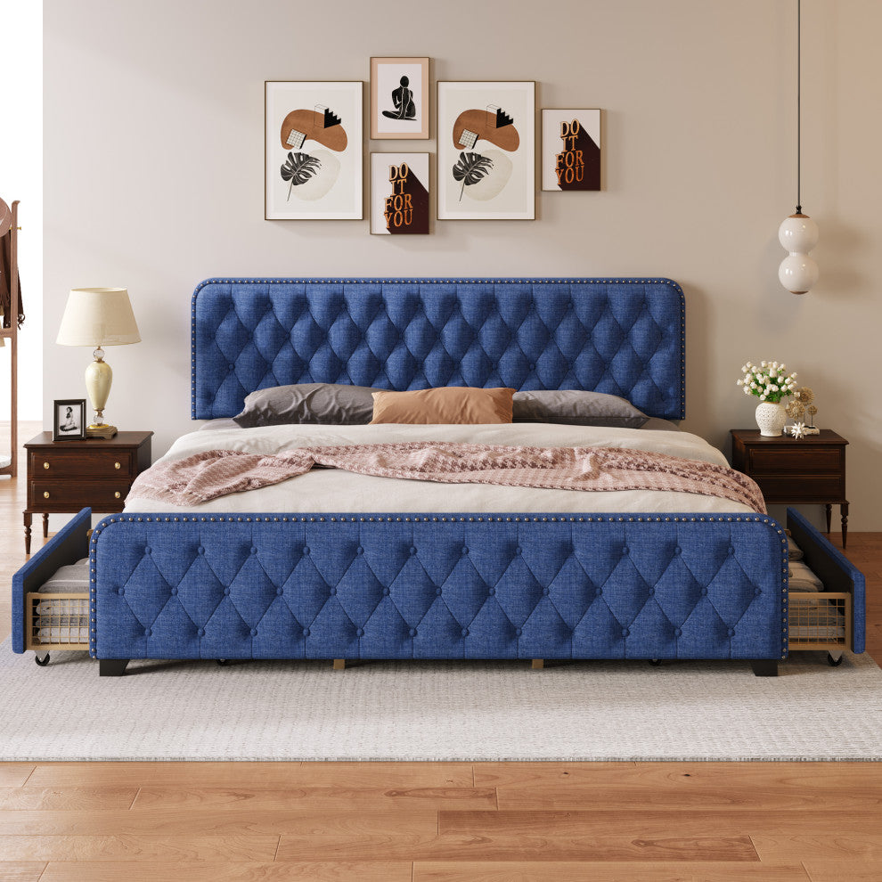 Metal Platform Bed with Headboard, Upholstered and 4-Drawer, Blue, 84.6" X 79.5"