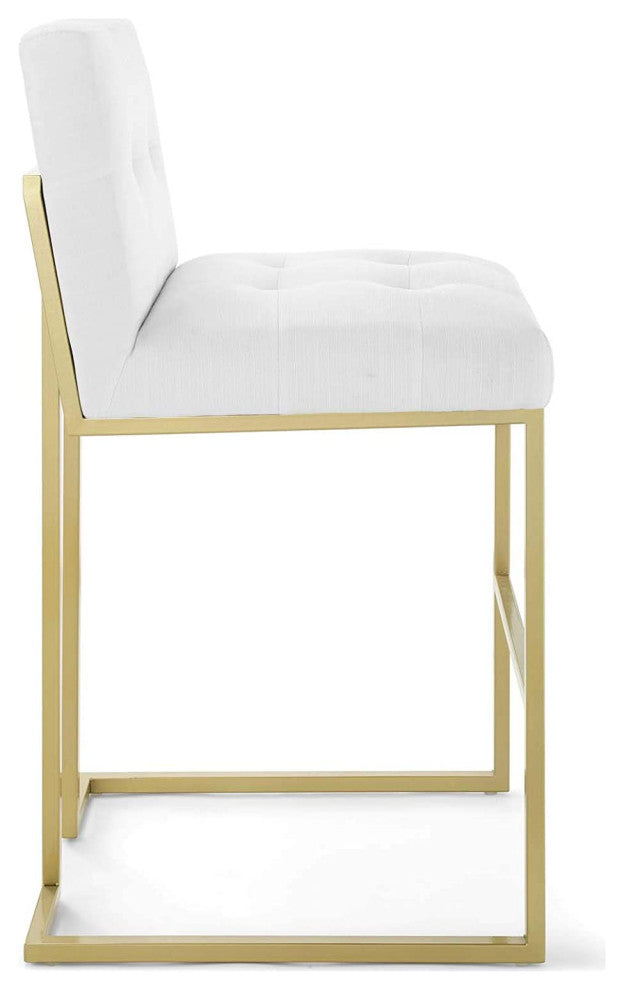 Modern Elegant Bar Stool, Gold Base & Polyester Seat With Biscuit Tufting, White