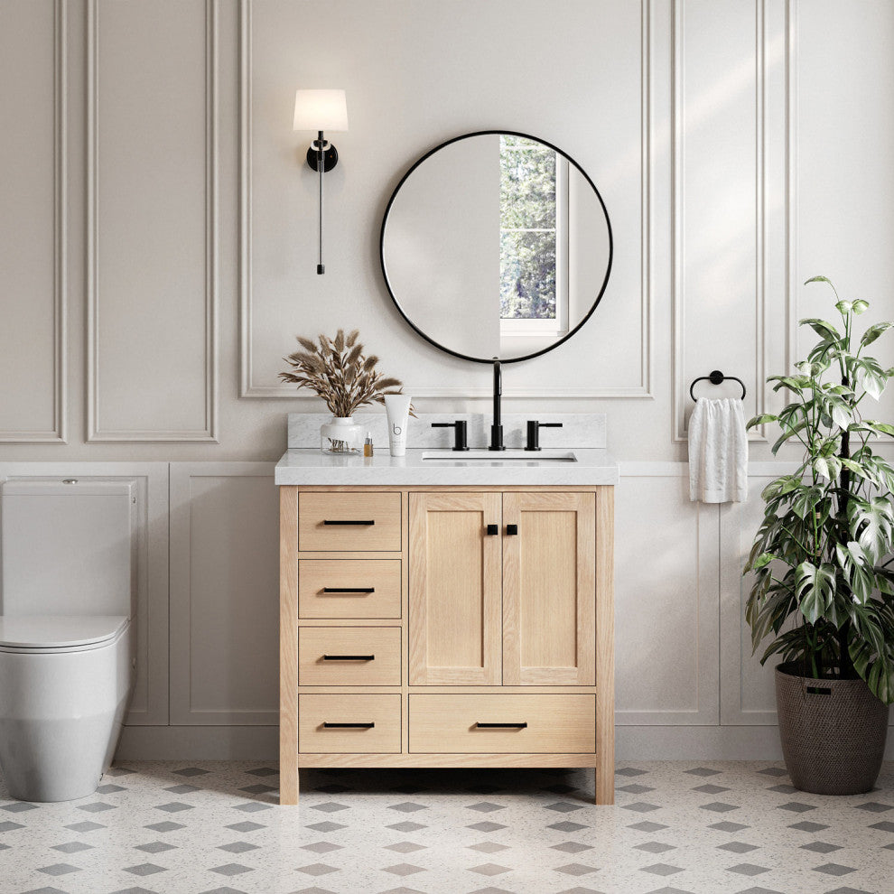 Cambridge 36" Single Bath Vanity With Italian Carrara Marble Top, Oak