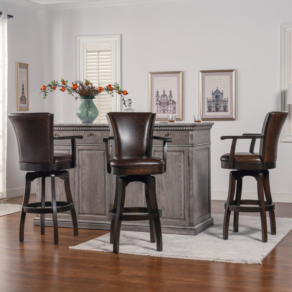 Williams Swivel Bar and Counter Stool With Armrests, Vintage Brown Faux Leather, Bar Height