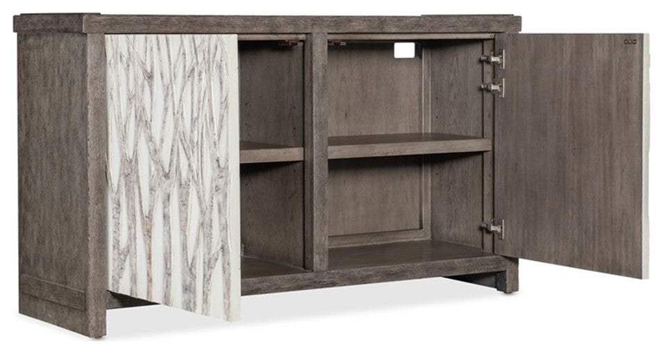 Open-door view showing interior shelving for storage details.