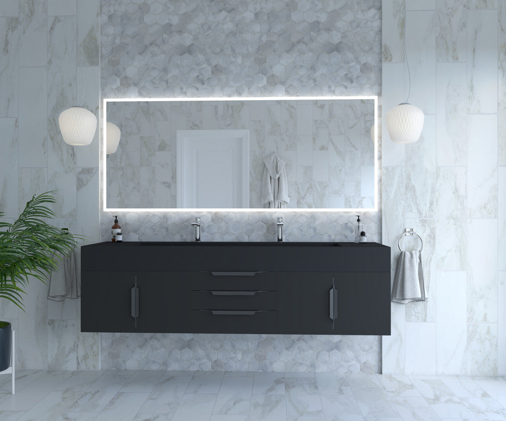 CastelloUSA Nile 72" Wall Mounted Vanity Set, Black, Black Top, Black Handles