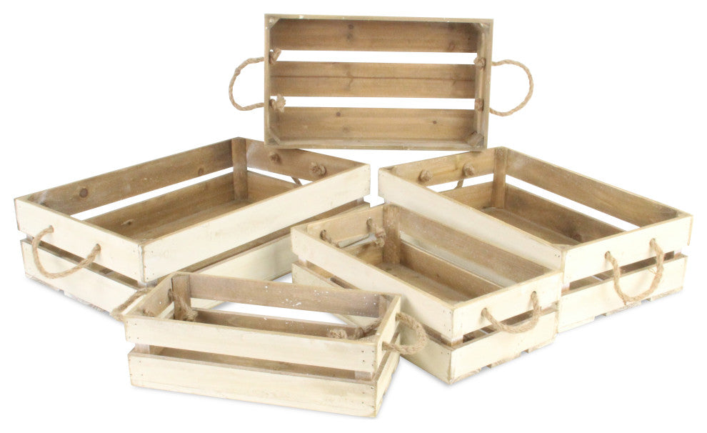Rope Handle Wood Slat Crates, Set of 5