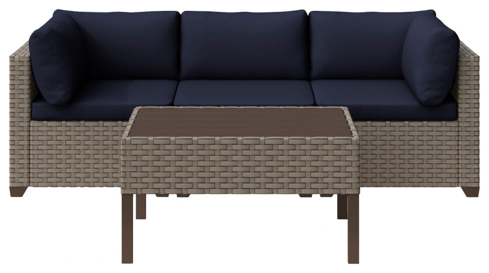 Keys 4-Piece Outdoor Conversation Set with Coffee Table in Summer Fog Wicker, Cobalt