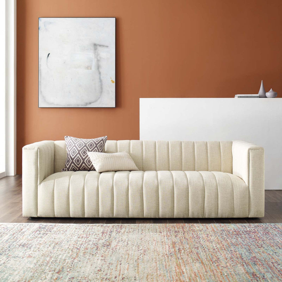Tufted Sofa, Fabric, Beige, Modern, Living Lounge Room Hotel Lobby Hospitality