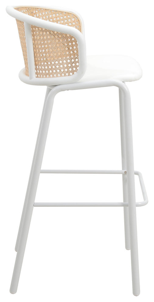 LeisureMod Ervilla Wicker Bar Stool With White Powder Coated Steel Frame, White