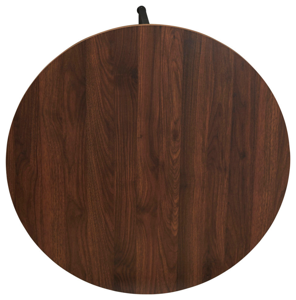 Jamestown Round Coffee Table Mid Century Walnut Wood Grain and Black Metal