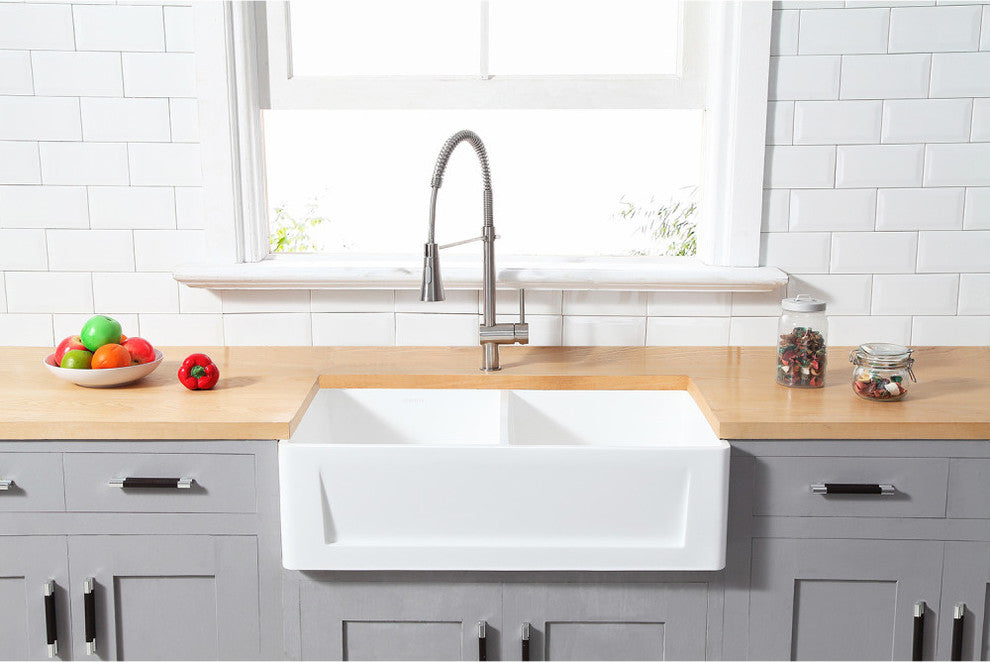 Gourmetier Double Bowl Farmhouse Kitchen Sink, Matte White