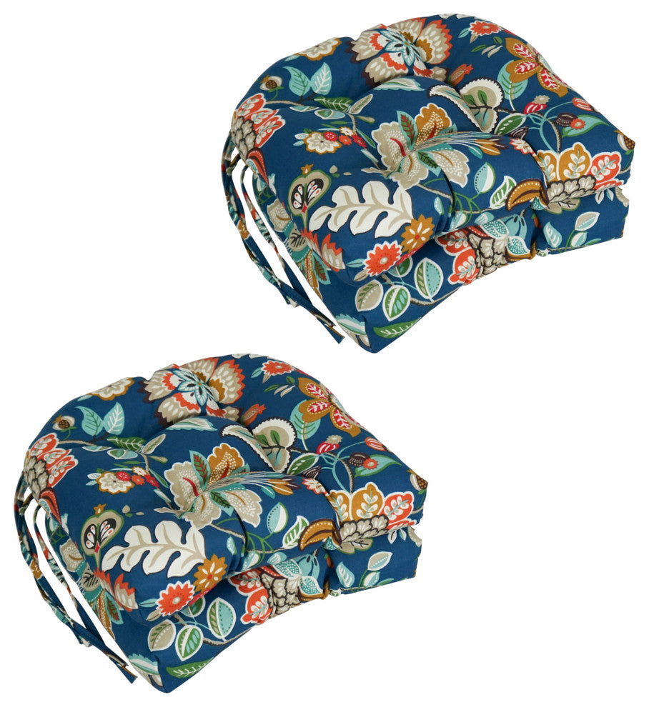 16" Patterned Outdoor U-Shaped Tufted Chair Cushions, Set of 4, Telfair Peacock