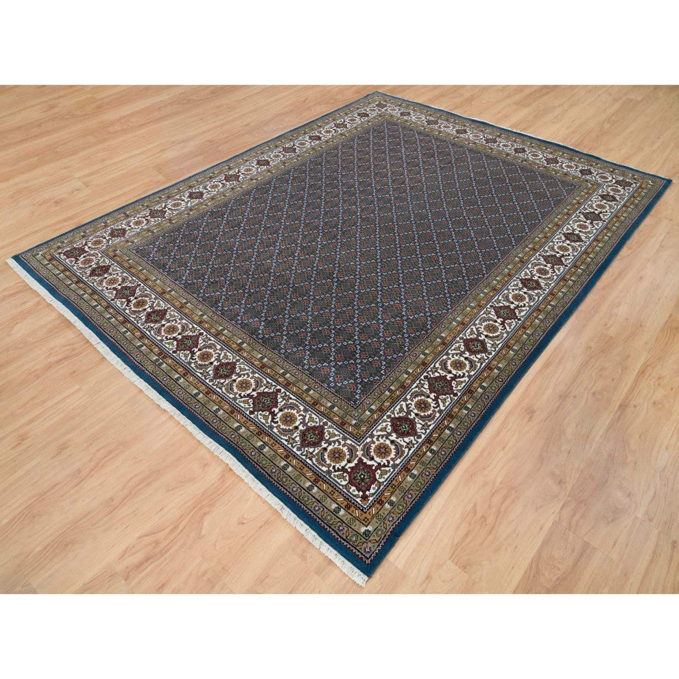 Mavericks Blue Herrita Design 100% Wool 175 KPSI Hand Knotted Rug, 8'x10'4"