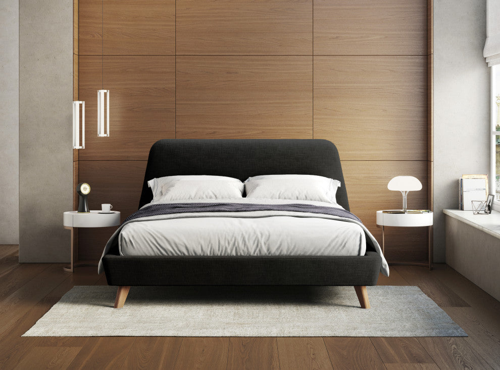 Henry Mid-Century Modern Upholstered Platform Bed, Dark Gray, Queen
