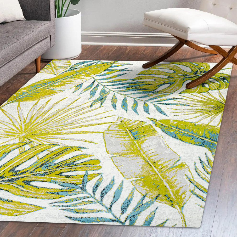 Monstera Tropical Leaves Ivory/Green 8'x10' Area Rug