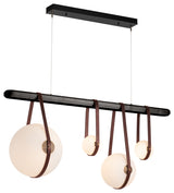 Derby Linear 4-Light LED Pendant, Antique Brass, British Brown Leather, Black