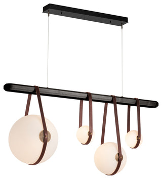 Derby Linear 4-Light LED Pendant, Antique Brass, British Brown Leather, Black