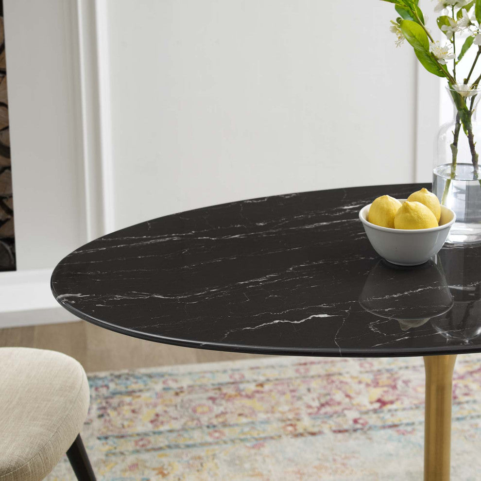 Dining Table, Oval, Artificial Marble, Metal, Gold Black, Cafe Bistro Restaurant