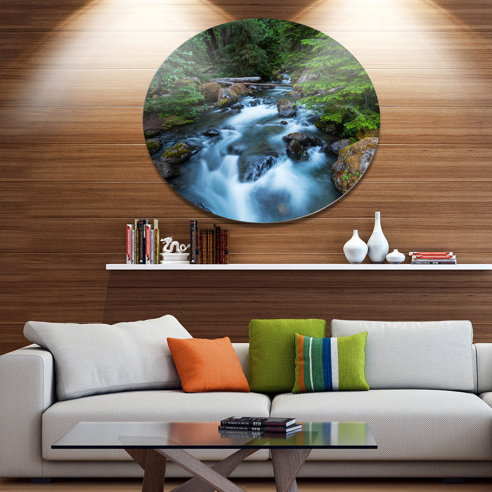 Rushing Water In Forest Creek, Landscape Round Metal Wall Art, 23"