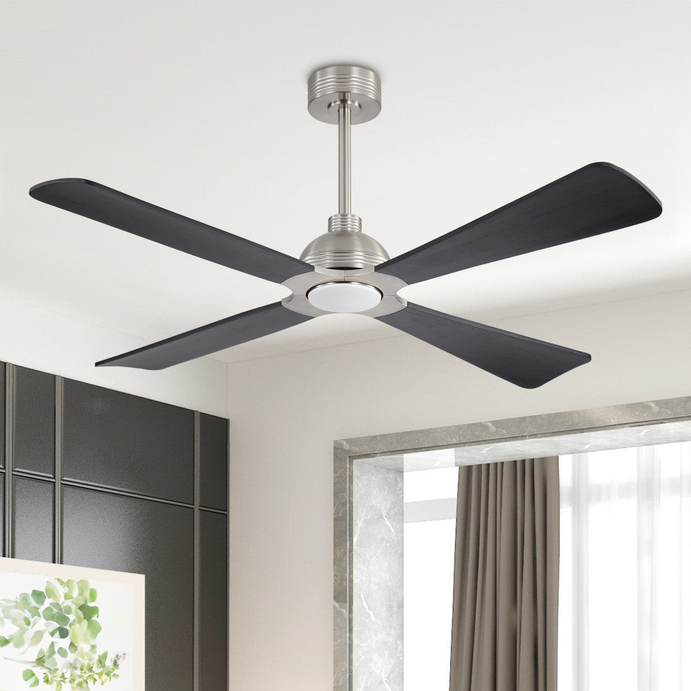 56" 4-Blade Solid Wood Ceiling Fan with LED Light and Remote Control, Brushed Nickel/Black