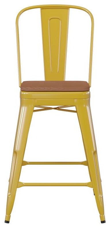 Kai Commercial Grade 24" Metal Indoor-Outdoor Counter Stool w/Removable Seat, Yellow/Teak