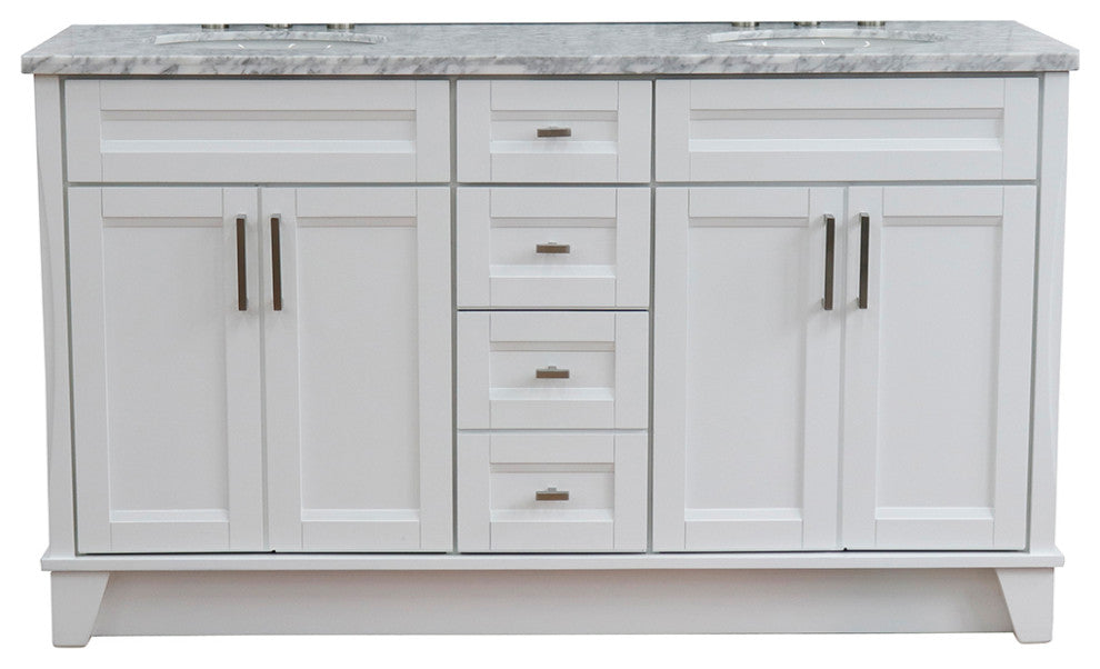 61" Double Sink Vanity, White Finish And White Carrara Marble And Oval Sink