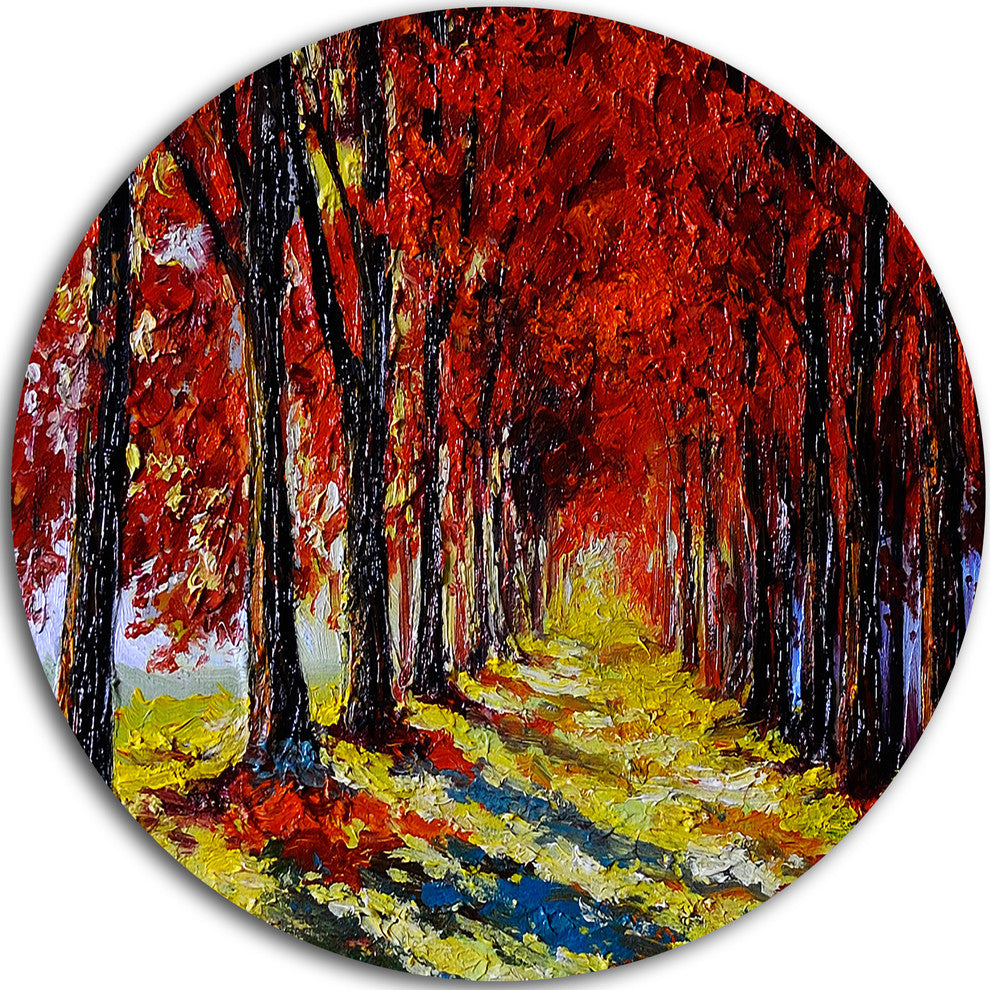 Autumn Forest With Red Leaves, Landscape Round Metal Wall Art, 11"