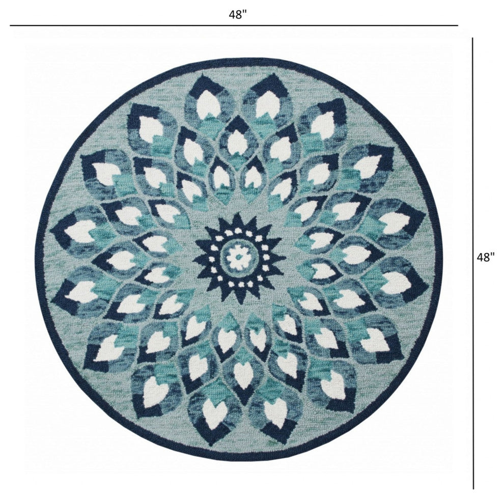 4' Round Blue and White Floral Feather Area Rug