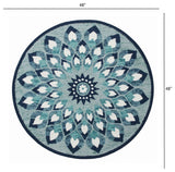 4' Round Blue and White Floral Feather Area Rug