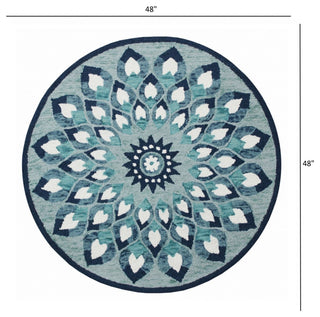 4' Round Blue and White Floral Feather Area Rug