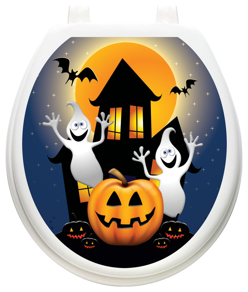 Ghost House Toilet Tattoos Seat Cover, Vinyl Lid Decal, Halloween Bathroom, Round