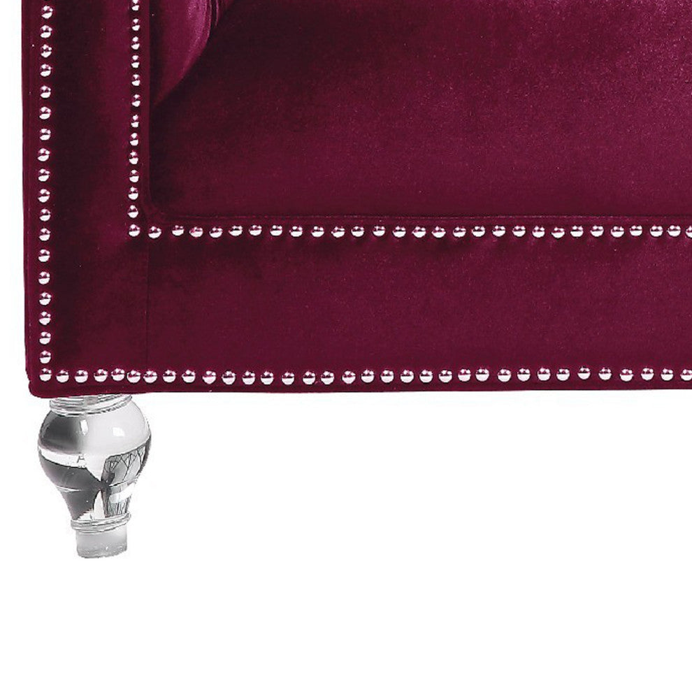 Benzara BM275707 Modern Loveseat, Chesterfield, Acrylic Feet, Burgundy Velvet