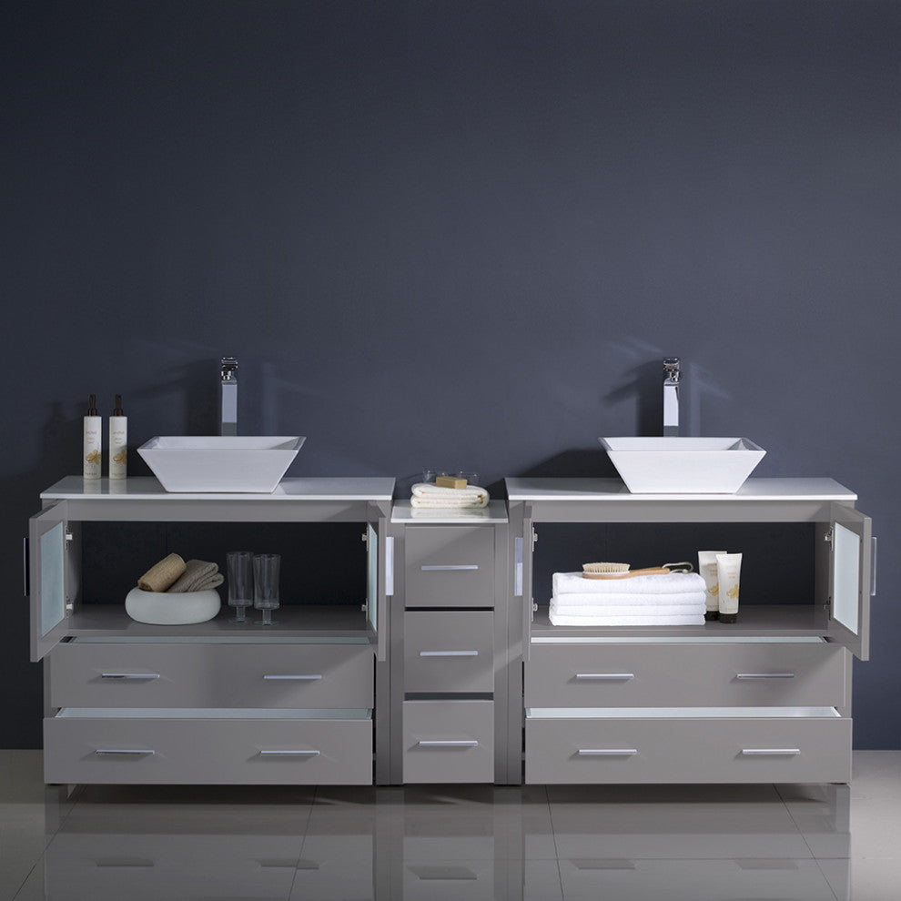 Torino Double Sink Bathroom Cabinets With Tops and Vessel Sinks, Gray 84"