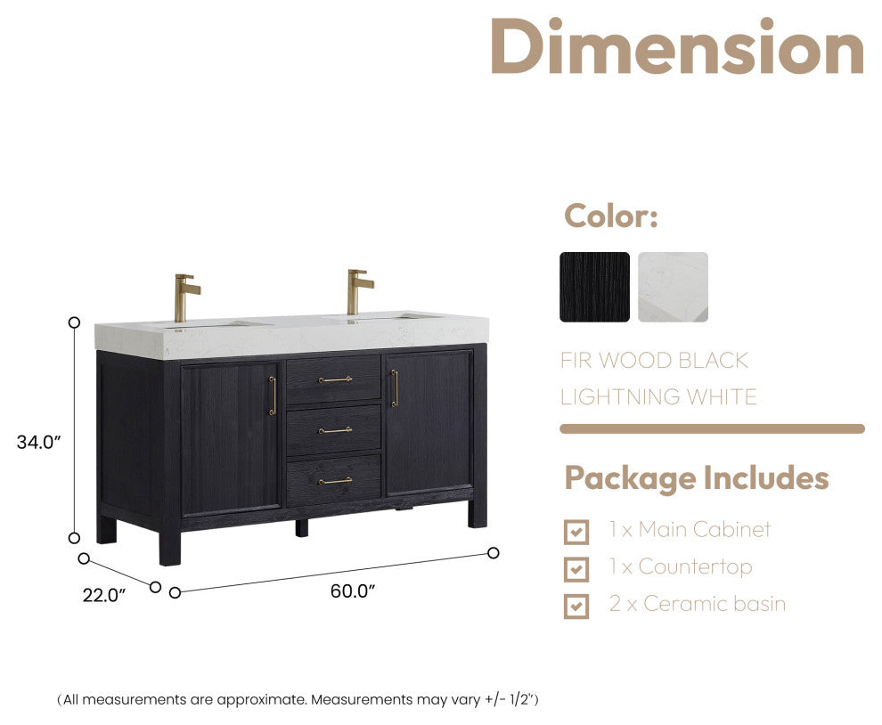 Leon Bath Vanity With Composite Stone Top, Fir Wood Black, 60"double Sink, No Mirror