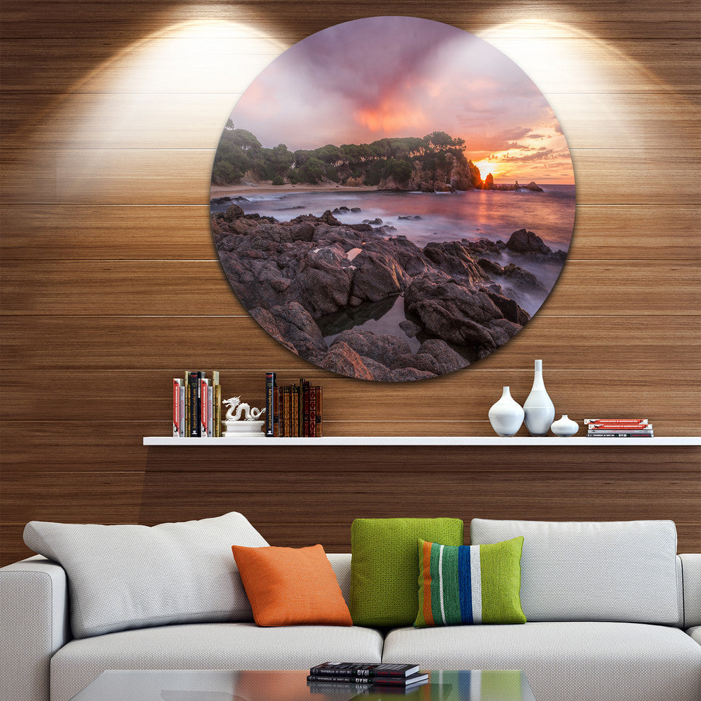 Gloomy Seashore With Rocks, Seashore Disc Metal Artwork, 11"