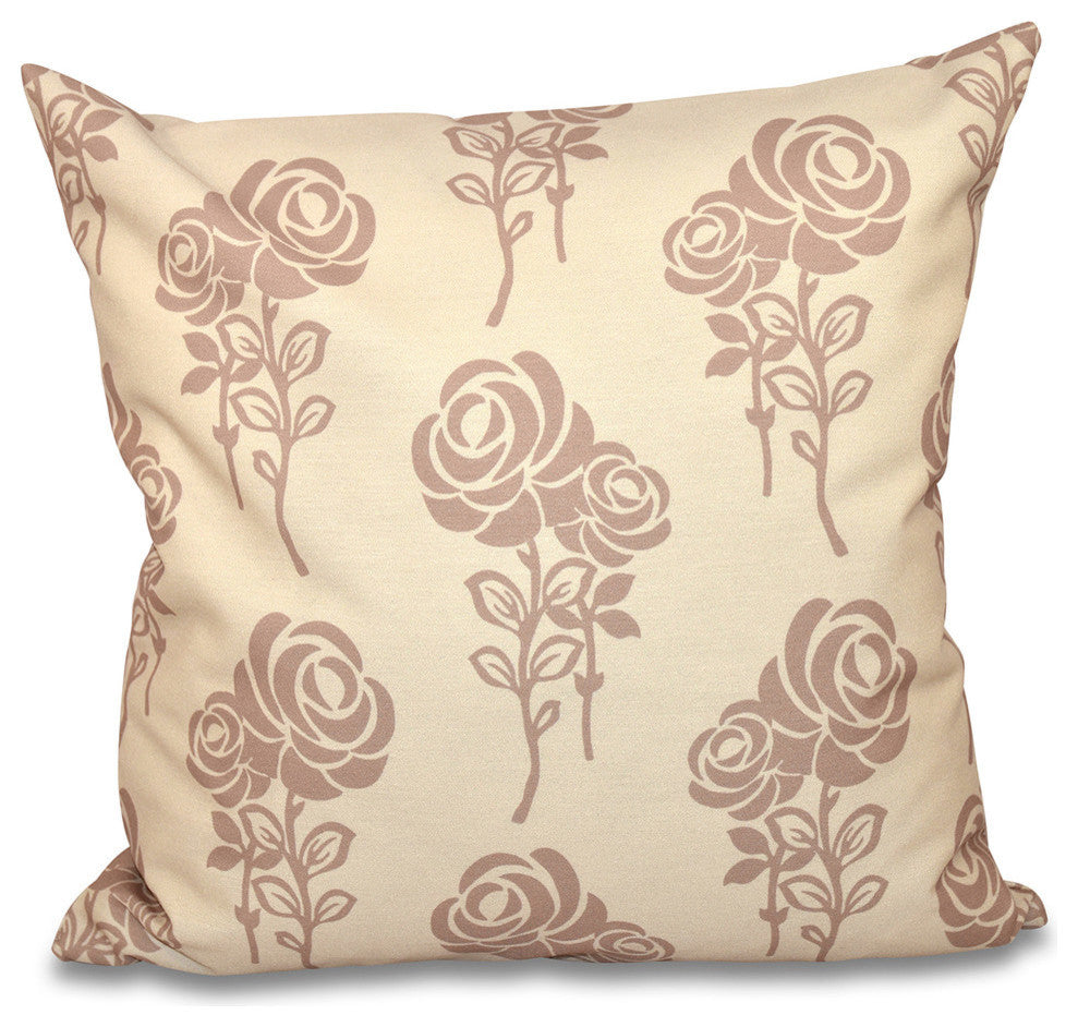 Carmen, Floral Print Pillow, Taupe, 16"x16"