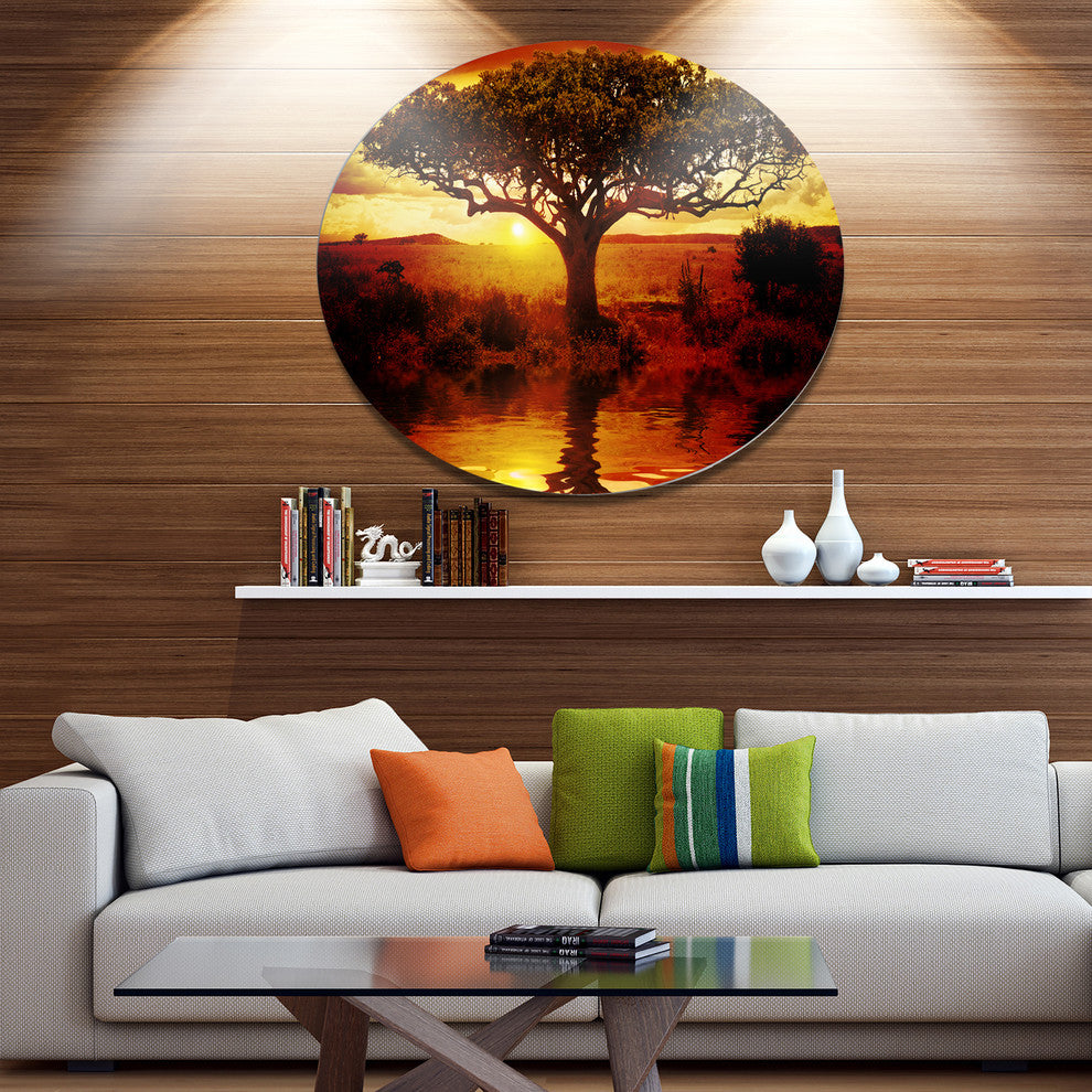 Lonely Tree In African Sunset, African Landscape Round Artwork, 23"