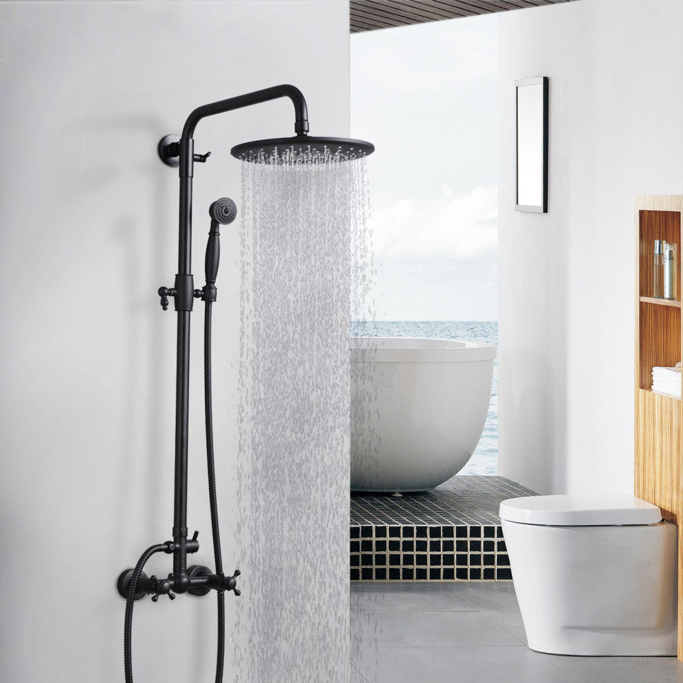 Antique Brass Bathroom Shower Faucet Set Wall Mounted Exposed Shower System, Matte Black