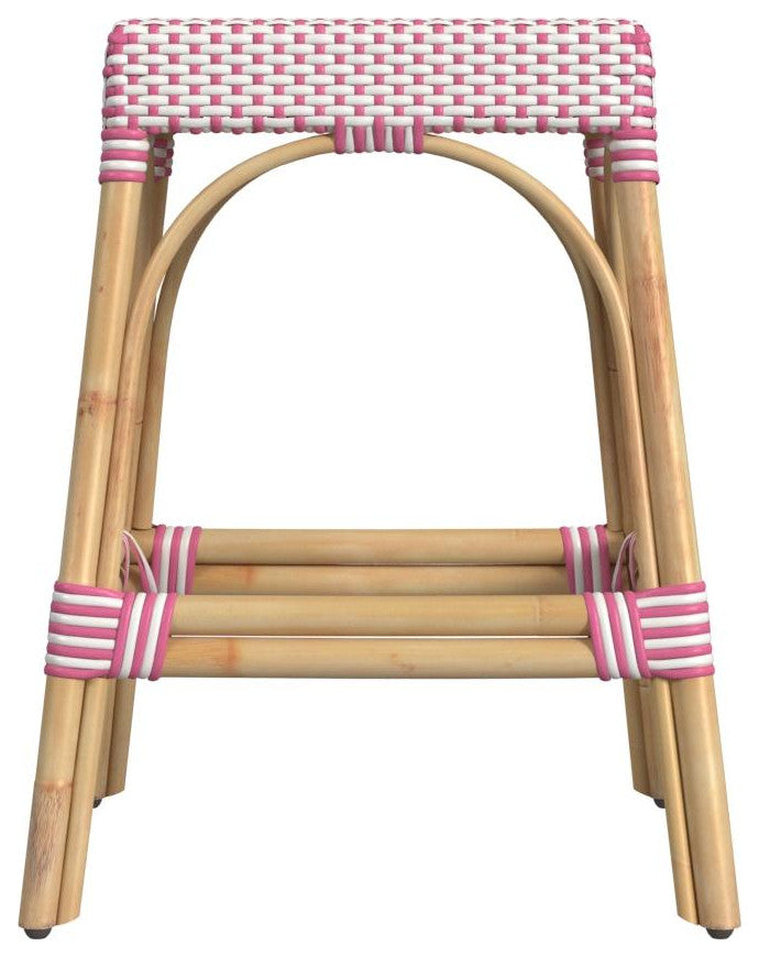 Robias Rectangular Rattan 24.5" Counter Stool, White and Pink