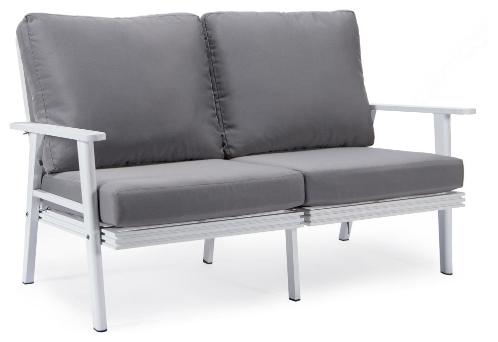 LeisureMod Walbrooke 3-Piece Patio Set With White Aluminum Frame and Cushions, Grey