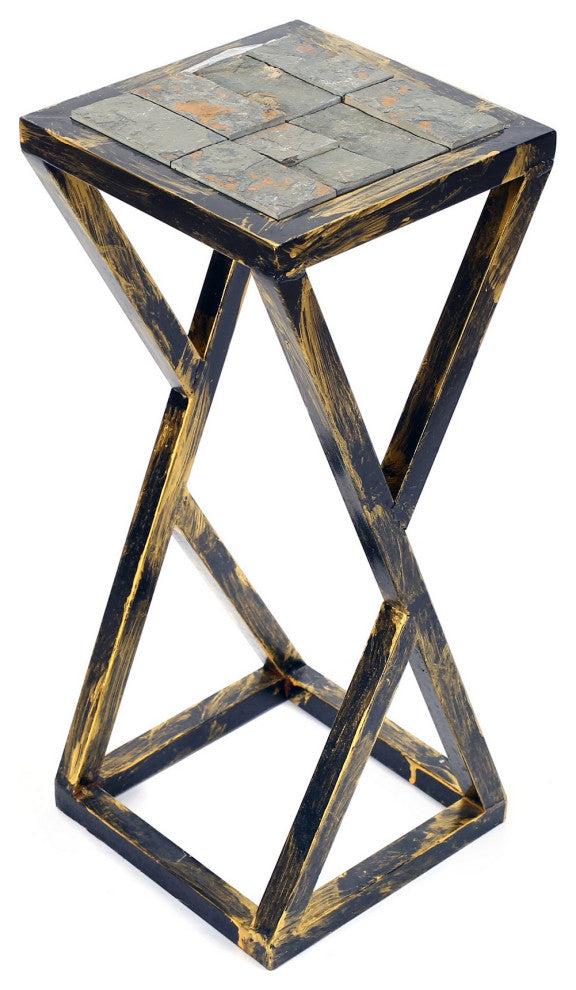 19.5 Inches Stone Top Plant Stand with Geometric Base, Black and Gray