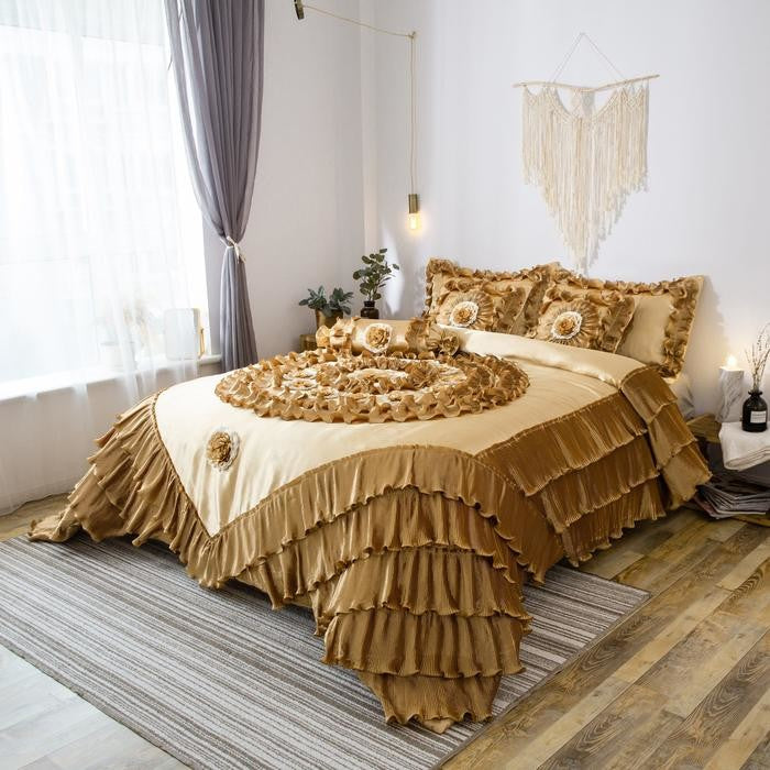 Gold Caramel Latte Ruffle Faux Satin Comforter Set, Cal King