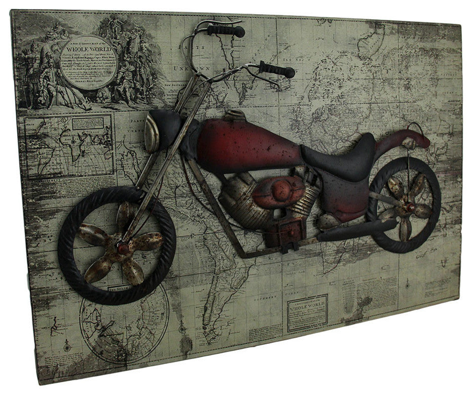 World of Adventure Vintage V-Twin Motorcycle Sculpture On Wood Map Wall Hanging